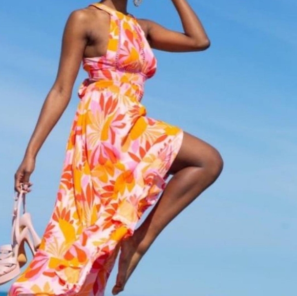 Abel The Label Maxi Dress Medium Floral Flowy Front Slit Halter Neck Back Tie - Picture 1 of 13